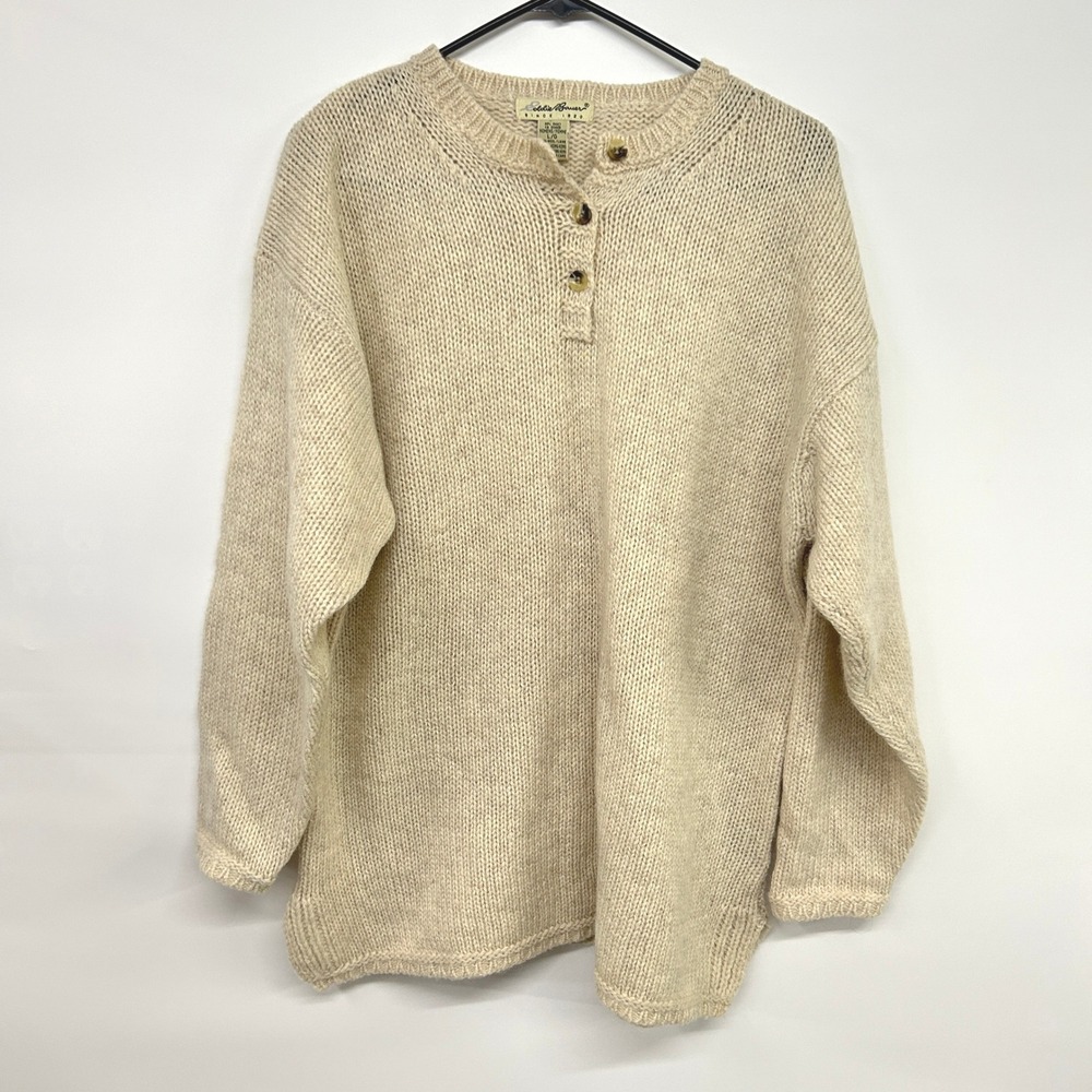 Eddie Bauer Henley Wool Sweater Large Beige Gorpcore Minimalist Vintage 90s L